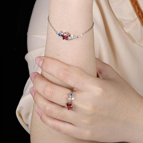 925 Sterling Silver Red White Blue Star Bracelet Bracelet الوطنية يوم الاستقلال الوطني للمجوهرات للنساء هدية قابلة للتعديل in Saudi Arabia