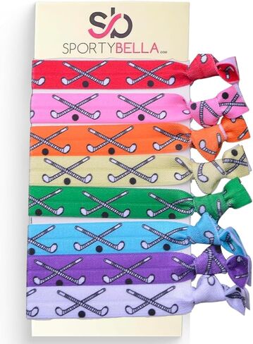 Field Hockey Hair Ties, Multi-Colored Hair Accessories for Girls, No Crease Hair Elastics with Field Hockey Stick Design, Ponytail Holders for Girls (8 pcs) - by SPORTYBELLA in Saudi Arabia