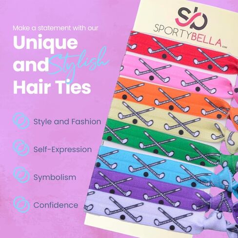Field Hockey Hair Ties, Multi-Colored Hair Accessories for Girls, No Crease Hair Elastics with Field Hockey Stick Design, Ponytail Holders for Girls (8 pcs) - by SPORTYBELLA in Saudi Arabia