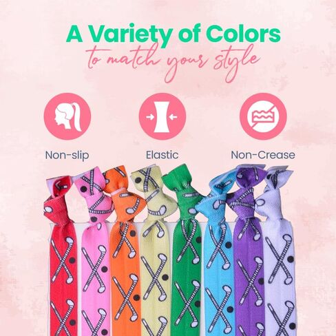 Field Hockey Hair Ties, Multi-Colored Hair Accessories for Girls, No Crease Hair Elastics with Field Hockey Stick Design, Ponytail Holders for Girls (8 pcs) - by SPORTYBELLA in Saudi Arabia
