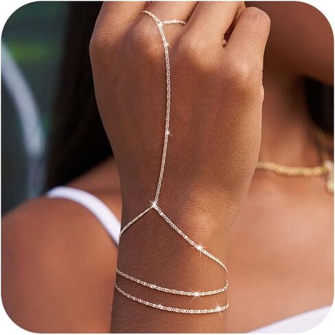 Moodear Dainty Ring سوار سلسلة يد للنساء - 14K مطلية بالذهب / الفضة الاسترلينية طبقات قابلة للتعديل من الخرز الصناعي مشبك ورق نقطة تشيكوسلوفاكيا ربط سلسلة اليد أساور غير مشوهة هدية مجوهرات عصرية in Kuwait