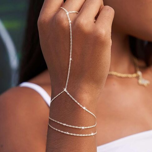 Moodear Dainty Ring سوار سلسلة يد للنساء - 14K مطلية بالذهب / الفضة الاسترلينية طبقات قابلة للتعديل من الخرز الصناعي مشبك ورق نقطة تشيكوسلوفاكيا ربط سلسلة اليد أساور غير مشوهة هدية مجوهرات عصرية in Kuwait