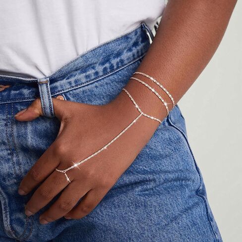 Moodear Dainty Ring سوار سلسلة يد للنساء - 14K مطلية بالذهب / الفضة الاسترلينية طبقات قابلة للتعديل من الخرز الصناعي مشبك ورق نقطة تشيكوسلوفاكيا ربط سلسلة اليد أساور غير مشوهة هدية مجوهرات عصرية in Kuwait