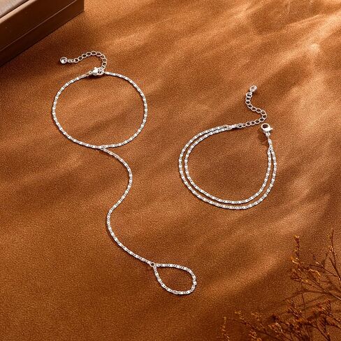 Moodear Dainty Ring سوار سلسلة يد للنساء - 14K مطلية بالذهب / الفضة الاسترلينية طبقات قابلة للتعديل من الخرز الصناعي مشبك ورق نقطة تشيكوسلوفاكيا ربط سلسلة اليد أساور غير مشوهة هدية مجوهرات عصرية in Kuwait