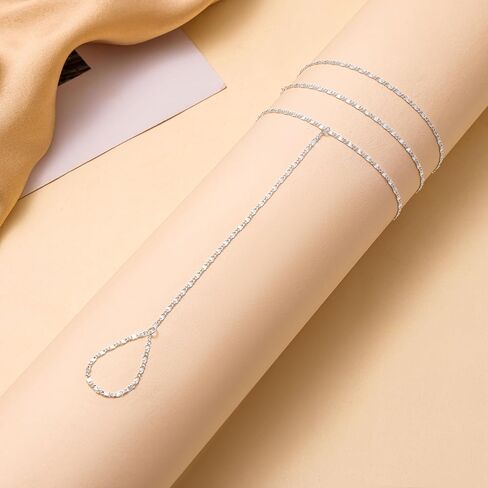 Moodear Dainty Ring سوار سلسلة يد للنساء - 14K مطلية بالذهب / الفضة الاسترلينية طبقات قابلة للتعديل من الخرز الصناعي مشبك ورق نقطة تشيكوسلوفاكيا ربط سلسلة اليد أساور غير مشوهة هدية مجوهرات عصرية in Kuwait