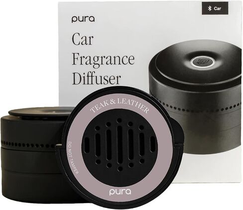 Pura Car Diffuser Starter Set - Smart Car Aroma Diffuser & Premium Car Diffuser Fragrance - Long-Lasting Fragrance for 30 Days of Aroma - Car Must-Have - Teak & Leather in Saudi Arabia