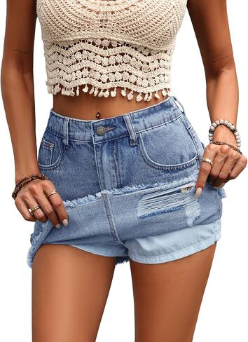 ELLEVEN Ripped Denim Mini Skort for Women,Y2k Raw Hem Jean Skort Skirts with Pockets in Saudi Arabia