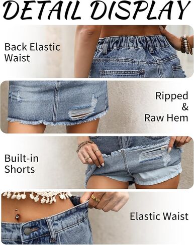 ELLEVEN Ripped Denim Mini Skort for Women,Y2k Raw Hem Jean Skort Skirts with Pockets in Saudi Arabia