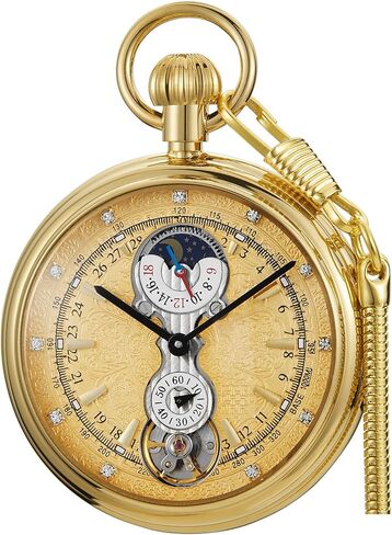 Tourbillon Day&Moon Phase Display Pocket Watch,Mens London Vintage Copper Hand-Wind Mechanical Second&24hours Sub-dials Pocket Watch with Chain&Box in Kuwait