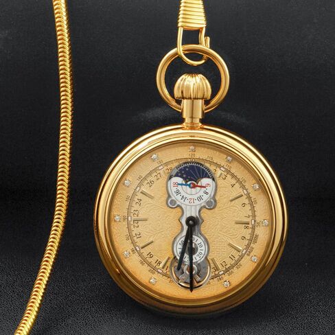 Tourbillon Day&Moon Phase Display Pocket Watch,Mens London Vintage Copper Hand-Wind Mechanical Second&24hours Sub-dials Pocket Watch with Chain&Box in Kuwait