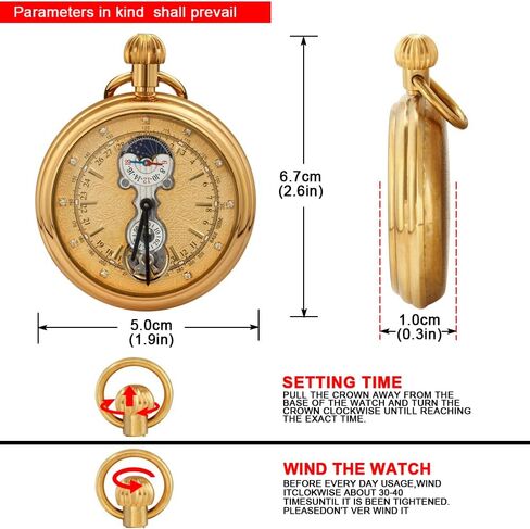 Tourbillon Day&Moon Phase Display Pocket Watch,Mens London Vintage Copper Hand-Wind Mechanical Second&24hours Sub-dials Pocket Watch with Chain&Box in Kuwait