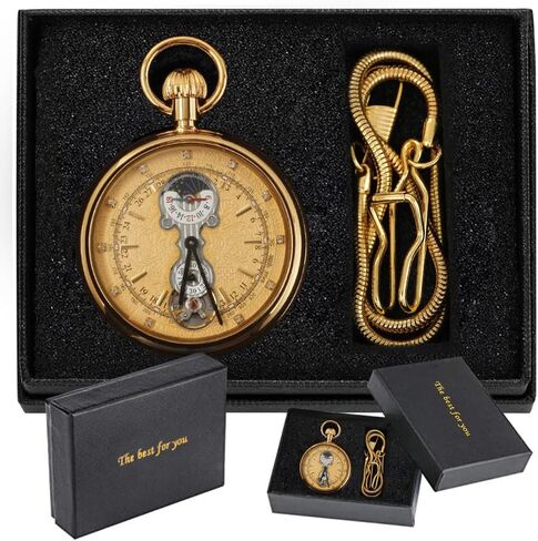 Tourbillon Day&Moon Phase Display Pocket Watch,Mens London Vintage Copper Hand-Wind Mechanical Second&24hours Sub-dials Pocket Watch with Chain&Box in Kuwait