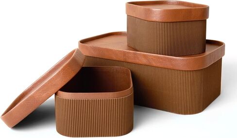 LA JOLIE MUSE Fluted Cardboard Storage Baskets with Leather-Like Lids, Sturdy Stackable Paper Boxes Decorative Tray, Chocolate Brown, Set of 3 in Kuwait