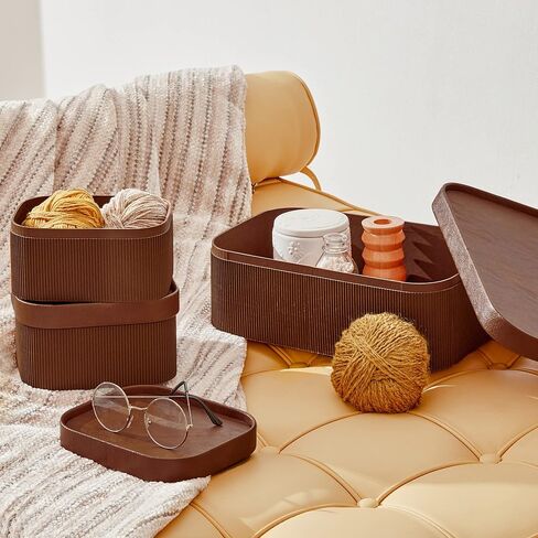 LA JOLIE MUSE Fluted Cardboard Storage Baskets with Leather-Like Lids, Sturdy Stackable Paper Boxes Decorative Tray, Chocolate Brown, Set of 3 in Kuwait