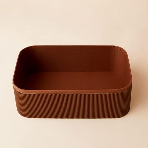 LA JOLIE MUSE Fluted Cardboard Storage Baskets with Leather-Like Lids, Sturdy Stackable Paper Boxes Decorative Tray, Chocolate Brown, Set of 3 in Kuwait