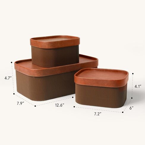LA JOLIE MUSE Fluted Cardboard Storage Baskets with Leather-Like Lids, Sturdy Stackable Paper Boxes Decorative Tray, Chocolate Brown, Set of 3 in Kuwait