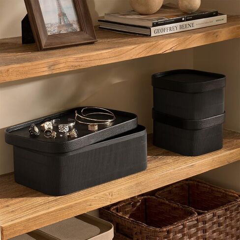LA JOLIE MUSE Fluted Cardboard Storage Baskets with Leather-Like Lids, Sturdy Stackable Paper Boxes Decorative Tray, Chocolate Brown, Set of 3 in Kuwait