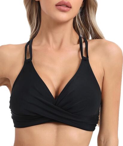 Womens Twist Front V Neck Bikini Top Push Up Padded Swim Top Swimsuit Lace Up Criss Cross Back Bathing Suits Tops in Saudi Arabia