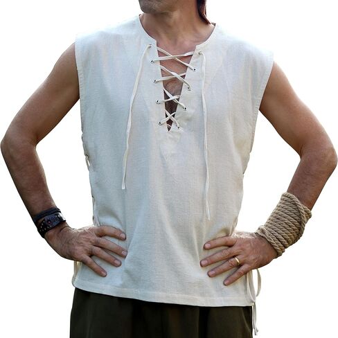 Classic Renaissance Vest - Sleeveless Pirate Medieval Shirt Open Collar in Kuwait