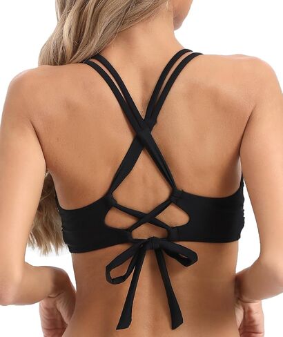 Womens Twist Front V Neck Bikini Top Push Up Padded Swim Top Swimsuit Lace Up Criss Cross Back Bathing Suits Tops in Saudi Arabia