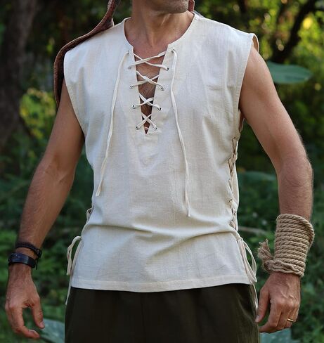 Classic Renaissance Vest - Sleeveless Pirate Medieval Shirt Open Collar in Kuwait