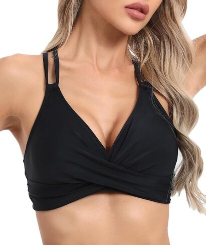 Womens Twist Front V Neck Bikini Top Push Up Padded Swim Top Swimsuit Lace Up Criss Cross Back Bathing Suits Tops in Saudi Arabia