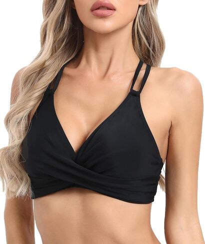 Womens Twist Front V Neck Bikini Top Push Up Padded Swim Top Swimsuit Lace Up Criss Cross Back Bathing Suits Tops in Saudi Arabia