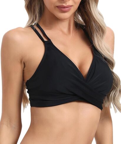 Womens Twist Front V Neck Bikini Top Push Up Padded Swim Top Swimsuit Lace Up Criss Cross Back Bathing Suits Tops in Saudi Arabia