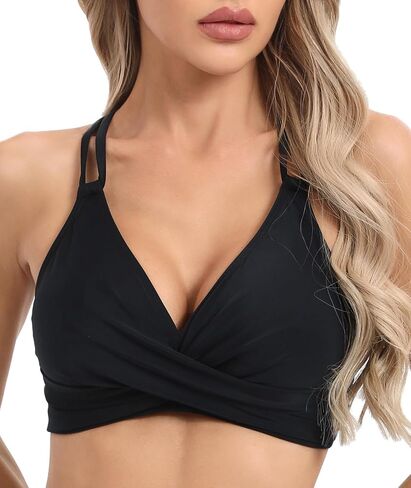 Womens Twist Front V Neck Bikini Top Push Up Padded Swim Top Swimsuit Lace Up Criss Cross Back Bathing Suits Tops in Saudi Arabia