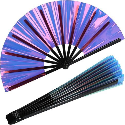 Large Folding Hand PVC Rave Fan for Men/Women Holographic Rave Fan for Women Clack Folding Hand Fans Festival Rave Fan Handheld Large Shining Handheld Renaissance Folding Hand Fan Purple in Saudi Arabia