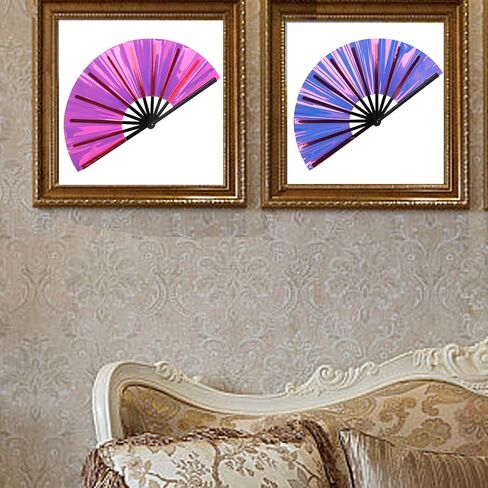Large Folding Hand PVC Rave Fan for Men/Women Holographic Rave Fan for Women Clack Folding Hand Fans Festival Rave Fan Handheld Large Shining Handheld Renaissance Folding Hand Fan Purple in Saudi Arabia