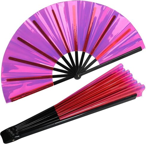 Large Folding Hand PVC Rave Fan for Men/Women Holographic Rave Fan for Women Clack Folding Hand Fans Festival Rave Fan Handheld Large Shining Handheld Renaissance Folding Hand Fan Purple in Saudi Arabia