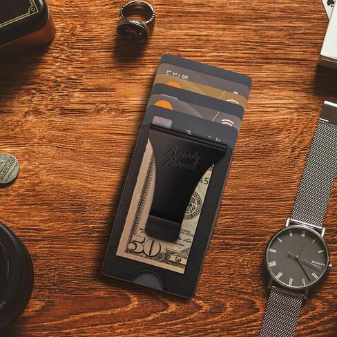 Rowdy Parrot ElasTech™ Tactical Wallets for Men - RFID Blocking - CNC Machined - Top Grain Leather and Aerospace Grade Aluminum - Slim Minimalist Money Clip Wallet - Gift Box Included - USA Owned in Saudi Arabia