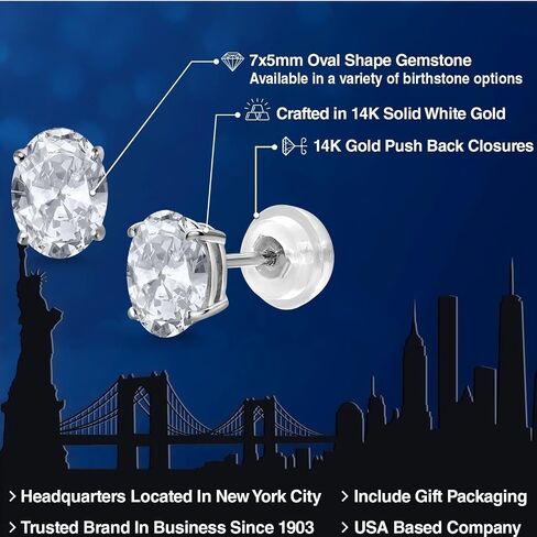 أقراط من Gem Stone King من الذهب الأبيض عيار 14 قيراط من المويسانتي الأبيض للنساء والرجال (1.80 قيراط، حجر ميلاد الأحجار الكريمة، بيضاوي 7 × 5 مم) in Saudi Arabia