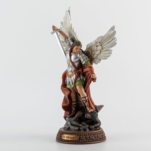 St Michael The Archangel Painted in Full Color,12" H San Miguel The Great Protector Archangel Statue with Wings,St. Archangel Michael Defecting with Satan on Base with Name Plate in Saudi Arabia