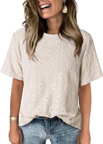Dokotoo Women's Tops Casual Scoop Neck Short Sleeve Eyelet Embroidered Hollow Out Blouses Shirts in Saudi Arabia
