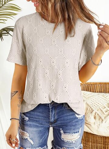 Dokotoo Women's Tops Casual Scoop Neck Short Sleeve Eyelet Embroidered Hollow Out Blouses Shirts in Saudi Arabia