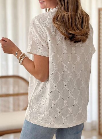 Dokotoo Women's Tops Casual Scoop Neck Short Sleeve Eyelet Embroidered Hollow Out Blouses Shirts in Saudi Arabia