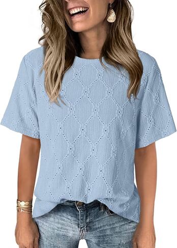 Dokotoo Women's Tops Casual Scoop Neck Short Sleeve Eyelet Embroidered Hollow Out Blouses Shirts in Saudi Arabia