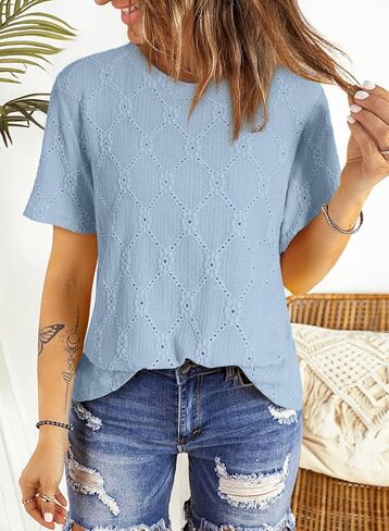 Dokotoo Women's Tops Casual Scoop Neck Short Sleeve Eyelet Embroidered Hollow Out Blouses Shirts in Saudi Arabia