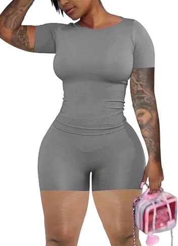 chicyes 2 Piece Sets For Women Summer Two Piece Outfits 2025 Short Sleeve Tops Lounge Matching Shorts Tracksuist in Kuwait