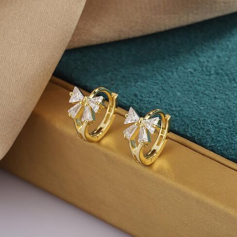 Reffeer Solid 925 Sterling Silver CZ Bow Hoop Earrings Ribbon for Women Teens Small Bowknot Hoop Earrings Cartilage in Saudi Arabia
