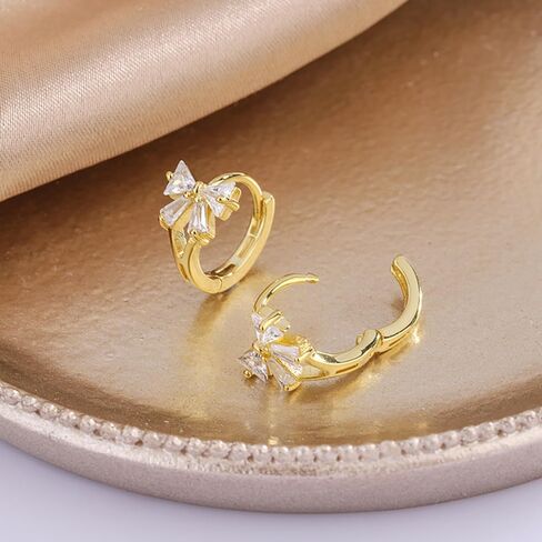Reffeer Solid 925 Sterling Silver CZ Bow Hoop Earrings Ribbon for Women Teens Small Bowknot Hoop Earrings Cartilage in Saudi Arabia