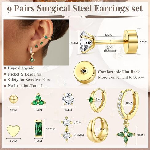 Fansilver Hypoallergenic Flat Back Earrings for Women 20G Surgical Stainless Steel Cartilage Earring Sets for Multiple Piercing Dainty Small Hoop Flatback Stud Earrings Stacks in Kuwait