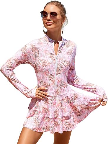 FYMNSI Women's Modest Rash Guard One Piece Swimsuit Zipper Long Sleeve Swim Dress with Shorts Bathing Suit Athletic Swimskirt in Saudi Arabia