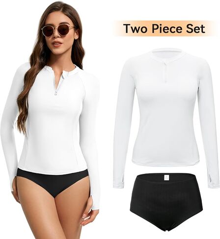 American Trends Women’s Rash Guard Long Sleeve Swimsuits for Women Two Pieces Mock Neck Zipper Bathing Suit with Bottom in Saudi Arabia
