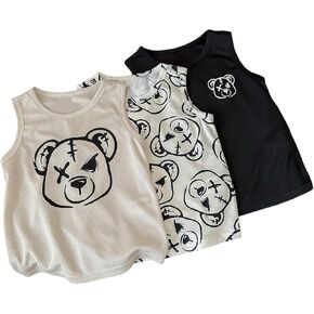 Boy's 3 Pack Cute Cartoon Bear Graphic Tank Top Sleeveless Mesh Crewneck Summer Shirt Tops