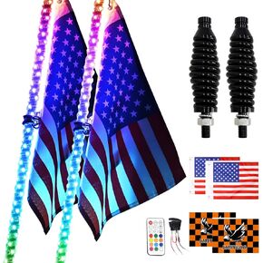2PCS 4FT RGB LED Whip Light with Spring Base Remote App Control w/DIY Chasing Patterns Turn Signal & Brake Lights for ATV, UTV, Polaris, RZR, Can-am