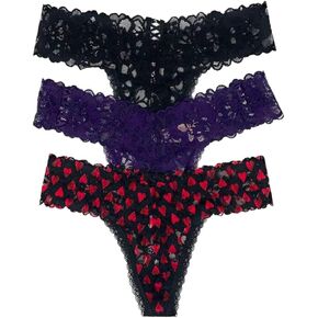 فيكتوريا سيكريت مجموعة اللباس الداخلي لاسي ثونغ من 3 X-large Black Cross / Dark Plum Cross / Black Hearts