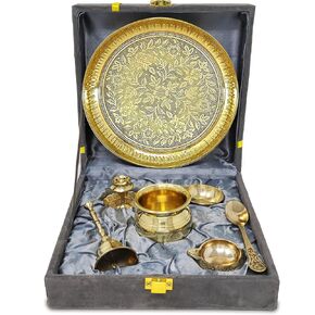 Brass Pooja Thali Set with Red Gift Box 6 Inch Pital Plate Kalash Spoon Chandan Wati Dhup Dan Kuber Diya Ghanti Puja Arti Thali for Diwali Home Office Mandir Wedding Return Gifts